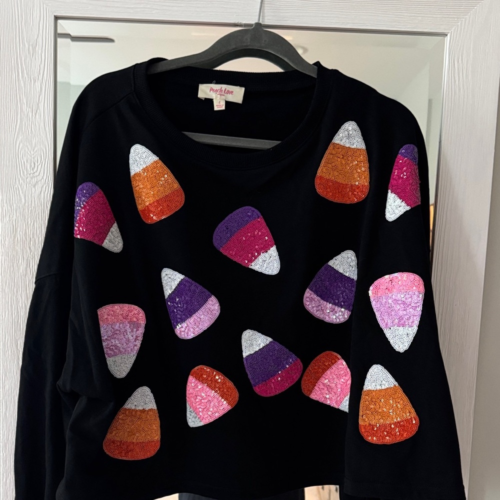Black Sweater with Colorful Sequin Candy Corn Design cropped